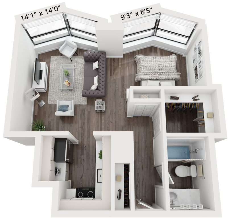 Floor plan for studio, 1 bath, 530 sqft